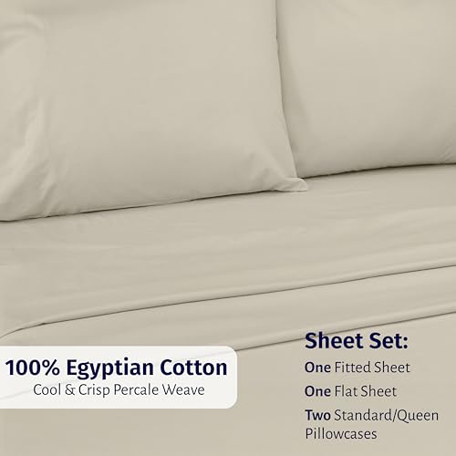 California Design Den Certified 100% Egyptian Cotton Percale Sheets Queen Size Set - Lightweight, Deep Pocket Queen Cotton Sheet Set, Crisp & Durable Luxury Bedding Set - Beige - color: Beige, size: Queen