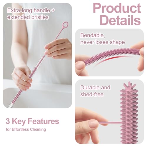 YOTIME Straw Cleaner Brush Extra Long 12.6 inch, 2Pcs Reusable Silicone Straw Brush for Sippy Cup, Water Bottle and Tubes, 6mm+9mm, Pink - color: Pink