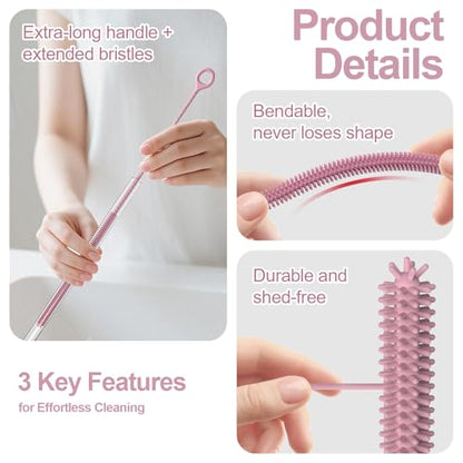 YOTIME Straw Cleaner Brush Extra Long 12.6 inch, 2Pcs Reusable Silicone Straw Brush for Sippy Cup, Water Bottle and Tubes, 6mm+9mm, Pink - color: Pink
