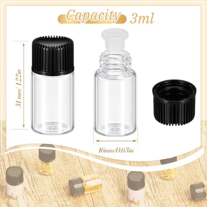 Lallisa 100 Pcs 3ml Glass Vials with Black Screw Caps and Plastic Stoppers, 0.1 oz Clear Small Leakproof Bottles Bulk, Mini Liquid Sample Vials for Essential Oils, Sample, DIY Craft - color: Clear with Black Cap, size: 3 ml