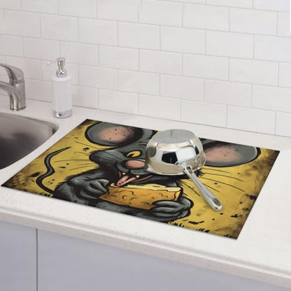 Rat Eats A Piece Of Cheese Dish Drying Mat For Kitchen Counter Absorbent Reversible Drying Mats Microfiber Kitchen Countertop Protector Dishes Drying Pad Extra Large 18"X24" Dish Mat
