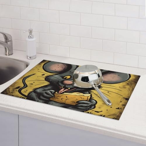 Rat Eats A Piece Of Cheese Dish Drying Mat For Kitchen Counter Absorbent Reversible Drying Mats Microfiber Kitchen Countertop Protector Dishes Drying Pad Extra Large 18"X24" Dish Mat