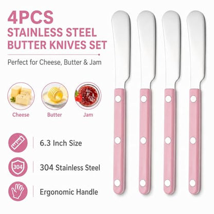 4PCS Stainless Steel Butter Knives Set: 6.3 Inch Cheese Spreader 304 Stainless Steel with Ergonomic Handle for Cheese, Butter & Jam (pink) - color: pink
