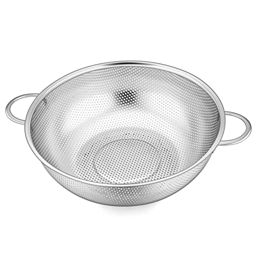 TeamFar Stainless Steel Colander, 5QT Micro-Perforated Metal Colander Food Strainer with Handles, for Draining Washing Rinsing Steaming, Non Toxic & Dishwasher Safe, Solid Construction & 3 Stable Feet - size: 5 qt
