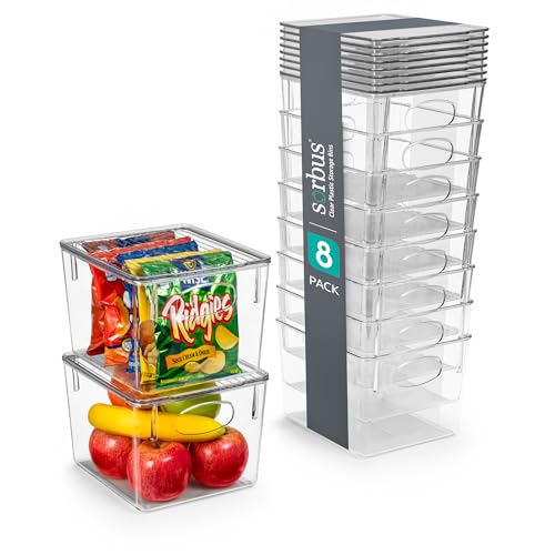 Sorbus Medium Plastic Storage Bins with Lids (8 Pack) – Clear Bins for Kitchen, Pantry, Fridge, Cabinet, and Refrigerator Organization – Stackable Storage Containers - size: Medium, style: 8 Pack