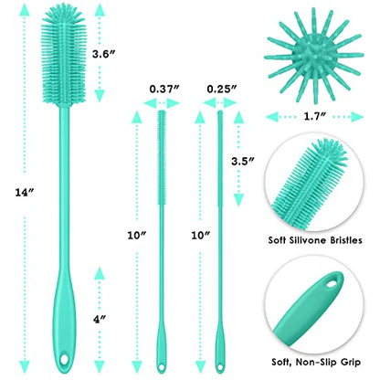 3-in-1 Silicone Bottle Brush and Straw Cleaning Brush Set, Water Bottle Cleaner for Narrow Neck Containers, Tumblers, Flask, Vase and Glassware (Teal) - color: Teal