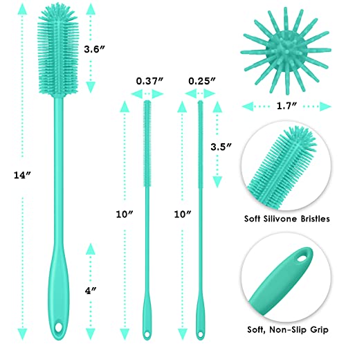3-in-1 Silicone Bottle Brush and Straw Cleaning Brush Set, Water Bottle Cleaner for Narrow Neck Containers, Tumblers, Flask, Vase and Glassware (Teal) - color: Teal
