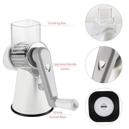 Cambom Rotary Cheese Grater Hand Crank Cheese Shredder for Fresh Cheese, Vegetable, Nuts,Non-slip Suction Base,Three Blades,White - color: White, size: 3 BLADES