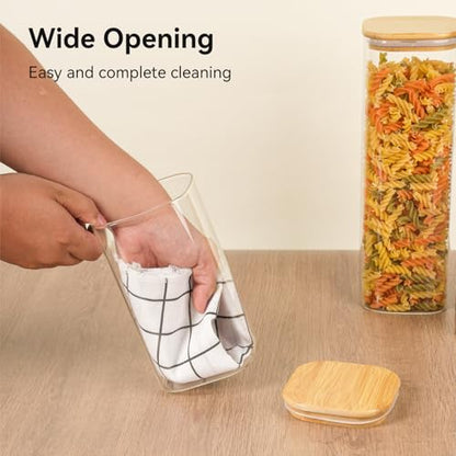 Glass Spaghetti Pasta Storage Container - 5 Pack Airtight Food Storage Jar Set with Bamboo Lid Labels - Square Kitchen Pantry Canister Organizers for Cookies Candy Coffee Bean Sugar Tea Spice Flour - size: 82oz*1/48oz*2/24oz*2