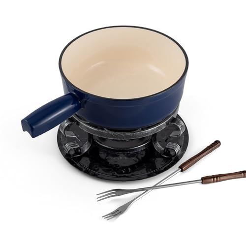 Swissmar Lugano Cast Iron Cheese Fondue Set, 9-Piece, 2 QT / 2 L - Ideal for Melting Cheese, Chocolates, Caramel, & More - Perfect for Kitchen Collection & Gift Giving - Deep Blue - color: Deep Blue