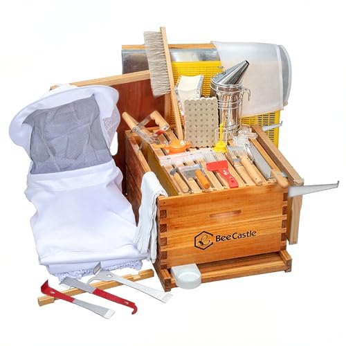 BeeCastle 8-Frame Bee Hives and Supplies Starter Kit,Beehive Kit Dipped in 100% Beeswax,Bee Keeping Supplies-All Beginners Kit Includes Beekeeping Supplies Tool Set and Bee Suit.