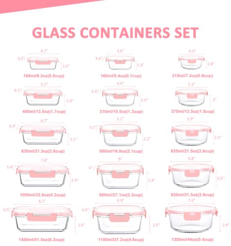 KOMUEE 30 Pieces Glass Food Storage Containers Set, Meal Prep Containers Set with Snap Locking Lids, Airtight Glass lunch Containers, Microwave, Oven, Freezer & Dishwasher,Pink - color: Pink