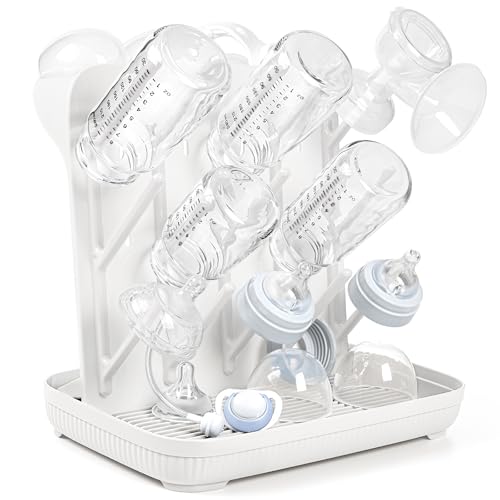 Termichy Baby Bottle Drying Rack: Large Vertical Bottle Dryer Rack Holder - Space Saving Standing Drying Rack for Baby Bottles and Pump Part Cleaning (White) - color: White
