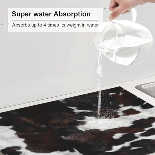 Cow Print Dish Drying Mat for Kitchen Counter 18 x 24 inch Cows Dish Drainer Rack Mats with Hanging Loop Western Cowhide Dishes Drainer Pads Animal Skin Drying Pad for Countertop - color: black brown