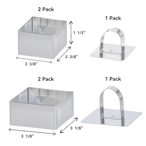 Uncle Jack 4 Pieces Food Ring Molds Set, Stainless Steel Cake Ring Mold with Pusher, for Kitchen Tools, Baking Pastry, Cake, Mousse (Include 4 Rings and 2 Pushers) - size: Square 2 PCS 3 1/8" + 2 PCS 2 3/8"