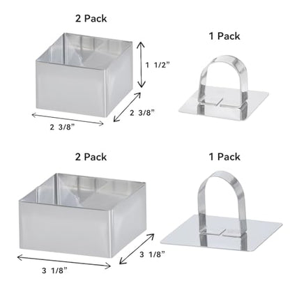 Uncle Jack 4 Pieces Food Ring Molds Set, Stainless Steel Cake Ring Mold with Pusher, for Kitchen Tools, Baking Pastry, Cake, Mousse (Include 4 Rings and 2 Pushers) - size: Square 2 PCS 3 1/8" + 2 PCS 2 3/8"