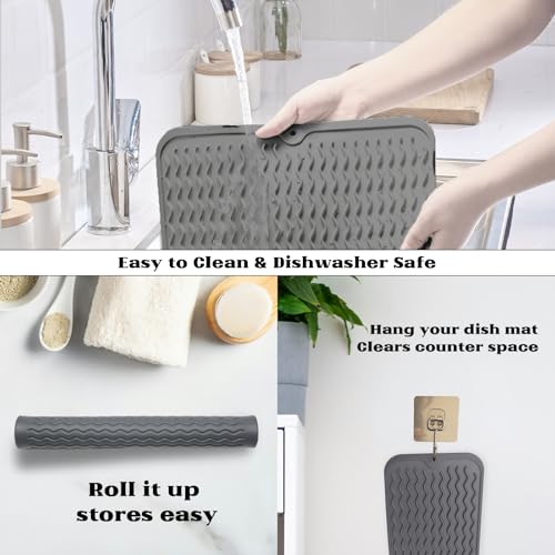 ZLR Silicone Dish Drying Mat for Kitchen Counter, Eco-Friendly Fast Dry Dish Mat, Easy Clean Multi Usage Drying Matt, Heat Resistant Trivet, 12" x 16" Large, Dark Gray - color: Dark Gray, size: 16" x 12"