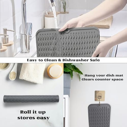 ZLR Silicone Dish Drying Mat for Kitchen Counter, Eco-Friendly Fast Dry Dish Mat, Easy Clean Multi Usage Drying Matt, Heat Resistant Trivet, 12" x 16" Large, Dark Gray - color: Dark Gray, size: 16" x 12"
