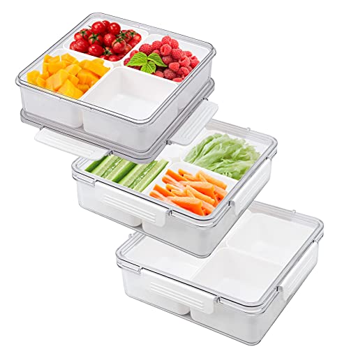 3Pack Snackle Box Divided Veggie Serving Tray with Lid Salad Keeper with 4 Removable Boxes Stackable Refrigerator Organizer Bins Produce Saver for Meal Prep Fruit Vegetable Lunch Meat - size: 3 Pack