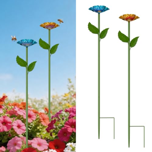 Bee Watering Station for Garden, 2 Pack Metal Bee Bath Bowl Colorful Butterfly Feeder with Flower Design for Outdoor Yard Patio Decor(Blue/Yellow) - color: 2 Pack(Blue,Yellow)