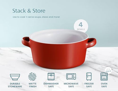 Kook Soup Crocks, Ceramic Stackable Bowls, Broil, Oven, Microwave and Dishwasher Safe, with Handles, For Casserole, Pasta, Cereal, Capacity 18 oz, Set of 4, (Matte Red) - color: Matte Red