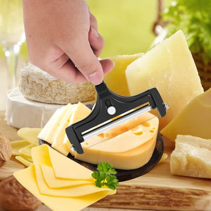 Cheese Slicer Kit, Stainless Steel Adjustable Thickness Iron Handheld Block Cheese Plane with 8 Extra Wires Charcuterie Cutter Curler Shaver Knife Board Accessories for Mozzarella Cheddar(Black)