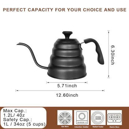Gooseneck Kettle 1200ml for Pour Over Coffee Stovetop – Stainless Steel Coffee Pot with Precision Spout, 304 Food-Grade BPA-Free, Heat-Resistant Handle, for Gas Electric Ceramic Stove - size: 1200ML