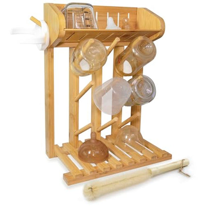 Bamboo Baby Bottle Drying Rack, Vertical Space Saving Kitchen Organizer, 9 Bottle Capacity, Countertop Storage Holder and Bottle Dryer with Draining Base (Comes with a Free Cleaning Brush)