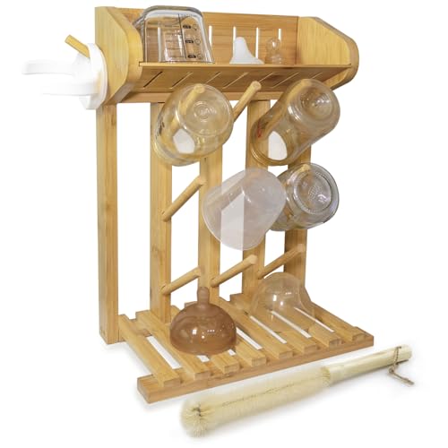 Bamboo Baby Bottle Drying Rack, Vertical Space Saving Kitchen Organizer, 9 Bottle Capacity, Countertop Storage Holder and Bottle Dryer with Draining Base (Comes with a Free Cleaning Brush)