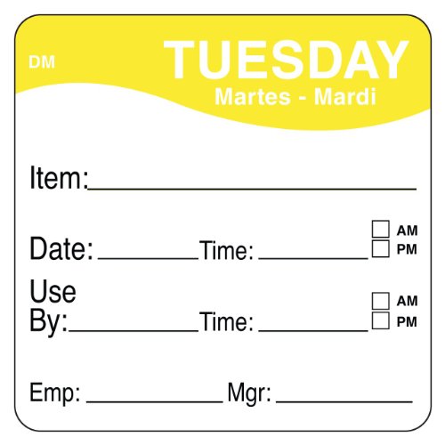 DayMark Safety Systems Day of the Week 2" x 2" Dissolvable Label, Tuesday, Item/Date/Use By, (Roll of 250) - style: Tuesday