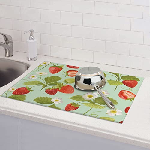 Large Dish Drying Mats For Kitchen Counter Microfiber Kitchen Drying Mat XL Draining Pad Absorbent Quick Drying Dish Mat 18x24 Inch - Strawberry - color: Strawberry