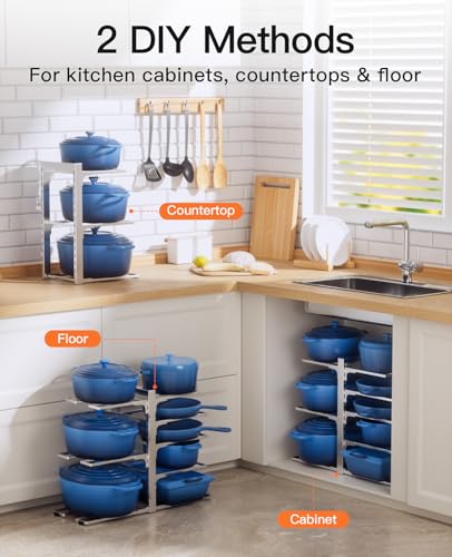 ORDORA Pots and Pans Organizer Rack for Cabinet, 15.83" Height 8-Tier Heavy Duty 120LBS Pot Pan Organizer under Cabinet Adjustable for Cast-iron Pan, Heavy Skillets Griddles, Shallow Pot, Silver - style: M-15.83"H-HeavyDuty-Sliver