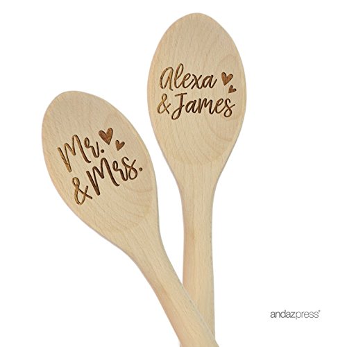 Andaz Press Personalized Laser Engraved Wooden Mixing Spoon, 12-inch, Mr. & Mrs., Alexa & James, 2-Pack, Custom Name, Wood Wedding, Anniversary, Bridal Shower, Bachelorette Gift Ideas - color: Custom Wedding Mr. Mrs.