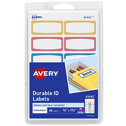 Avery Durable Labels for Kids' Gear, 3/4" x 1-3/4", Assorted Border Colors, Water-Resistant Labels, 60 Total (41442) - size: 0