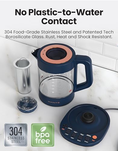 Viante Alba Electric Tea Kettle, Infuser, No Plastic, 1.5L, Midnight Blue | Borosilicate glass & 304 stainless steel construction. 4 temp presets, keep-warm, cordless, auto shut-off - style: Midnight Blue