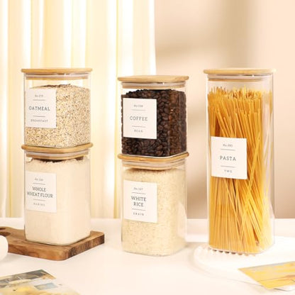 5 Pack Square Glass Pantry Storage Containers with 132 Kitchen Food Pantry Labels - Clear Glass Pantry Jars with Airtight Wood Bamboo Lids - Glass Canisters for Pasta, Cereal, Coffee, Flour, Sugar - size: 5pack