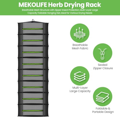 MEKOLIFE Herb Drying Rack Hanging-8 Layer, Collapsible Large Capacity Mesh Net with Green Zipper, Hooks & Bonus Garden Scissors, for Fresh Herbs/Flowers/Plants, Indoor Outdoor Use (23.62") - size: 8 Layers