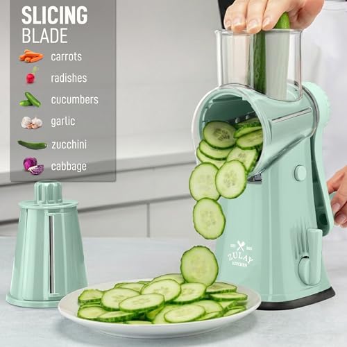 Zulay Kitchen Rotary Cheese Grater 5 Blade Cheese Shredder - Manual Hand Crank Cheese Grater With Reinforced Suction & 5 Interchangeable Drums - Easy to Use, Vegetable Chopper Round Mandoline Slicer - color: Seafoam