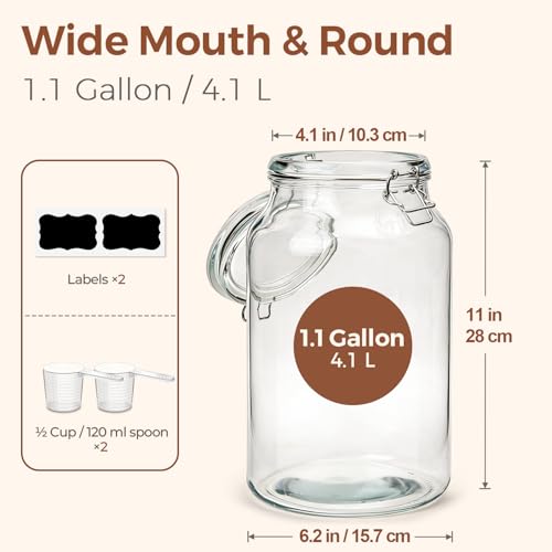 ComSaf 1.1 Gallon Glass Jars with Airtight Lids (138oz, Set of 2), 4-Inch Extra-Wide Mouth Heavy Duty Canisters for Bulk Flour, Sugar & Rice Storage, Ideal for Kombucha, Kimchi, Sauerkraut & Pickling - size: 138oz*2