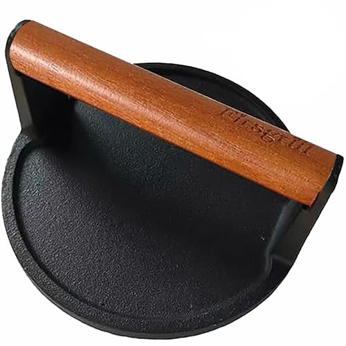 Firsgrill Burger Press 6.6" Round Heavy-Duty Cast Iron Smash Meat Steak with Wood Handle for Blackstone Weber Treager Griddle Grills (YPX) (Flate 6.5" Round) - color: Flate 6.5" Round