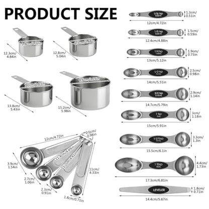Measuring Cup and Magnetic Measuring Spoons Set, 8 Stainless Steel Nesting Measuring Cup & 8 Double Sided Stackable Magnetic Measuring Spoons & 1 Leveler for Cooking Dry & Liquid Ingredients