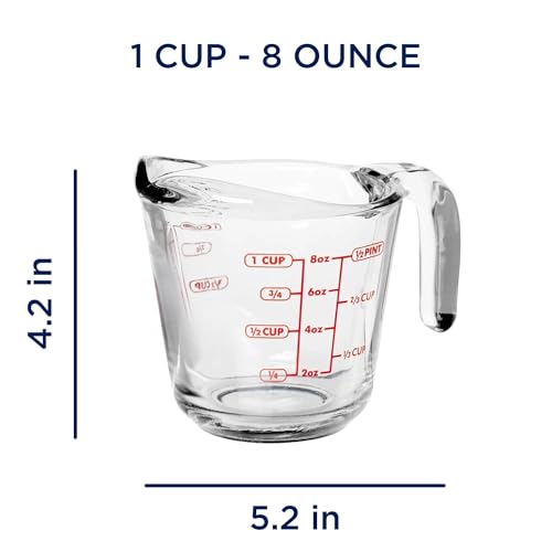 (2 Pack) 1-Cup Glass Measuring Cup, 8 Oz Tempered Glass with Easy-Grip Handle & Drip-Free Spout, Etched Imperial Metric Markings, Oven Microwave Dishwasher Safe