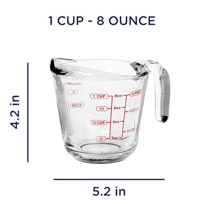 (2 Pack) 1-Cup Glass Measuring Cup, 8 Oz Tempered Glass with Easy-Grip Handle & Drip-Free Spout, Etched Imperial Metric Markings, Oven Microwave Dishwasher Safe