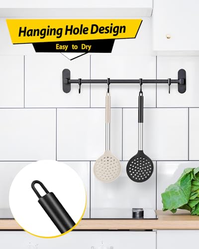 Kitchen Ladle Strainer Set of 2 Large Slotted Spoon with High Heat Resistant BPA Free Non Stick Cooking Skimmers For Draining and Frying (Black-Khaki) - color: Black+Khaki
