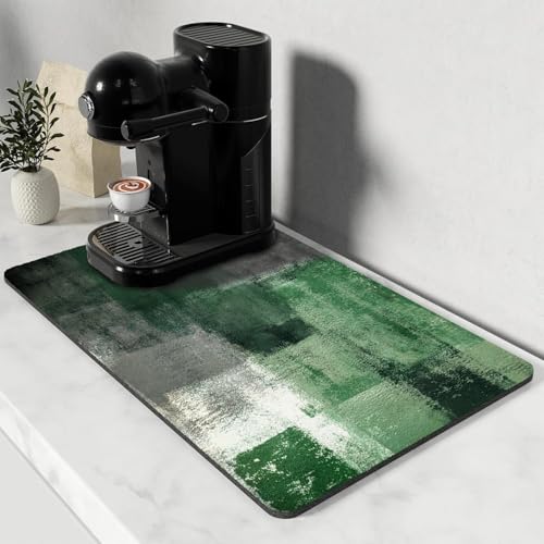 Dish Drying Mat for Kitchen Counter, Emerald Green and Grey Abstract Art, Absorbent Quick Dry Pad with Rubber Backing, Dish Rack Pad for Dishes, Utensils, Countertops, Sinks 12" x 20 - color: Emerald Green and Grey