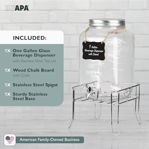Ilyapa Outdoor Glass Beverage Dispenser with Sturdy Metal Base, Stainless Steel Spigot & Hanging Chalkboard - 1 Gallon Drink Dispenser