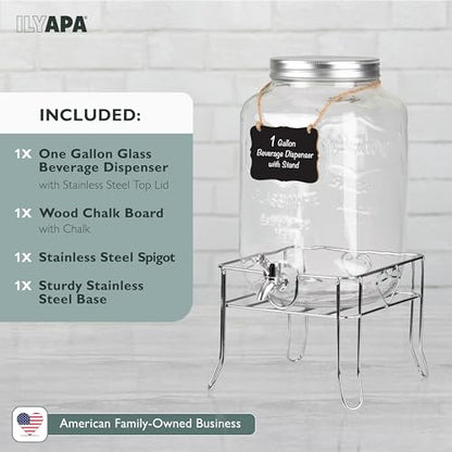 Ilyapa Outdoor Glass Beverage Dispenser with Sturdy Metal Base, Stainless Steel Spigot & Hanging Chalkboard - 1 Gallon Drink Dispenser