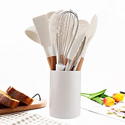 11pcs Silicone Cooking Utensils Spatula Set with Wooden Handle, White Kitchen Gadgets Set for Nonstick Cookware, Include Holder Storage Bucket. - color: Utensil Set