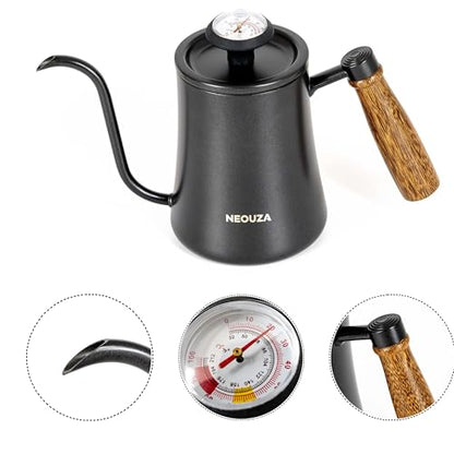 NEOUZA 500ml Gooseneck Kettle with Mechanical Dial Thermometer, 304 Stainless Steel Stovetop Safe Kettle for Pour Over Coffee and Tea, Precision Spout & Wooden Handle - color: Mechanical Thermometer