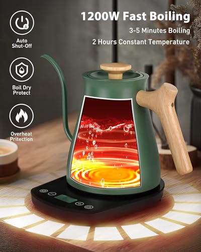 Harriet Gooseneck Electric Kettle - 1200W Fast Heat, 0.8L Stainless Steel, Precision Temp Control & Timer, Wood Handle, Pour Over Coffee and Tea, Green - color: Green